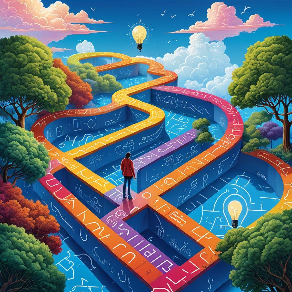An intricate maze symbolizing the journey of trademark associations, with vibrant pathways branching off in various directions. Each pathway is lined with iconic brand logos and colorful markers representing different industries. A person stands at the center, pondering which path to take, surrounded by a light bulb symbolizing bright ideas and innovation. The background features a clear blue sky and fluffy clouds, creating an optimistic atmosphere. vibrant colors. vector art.