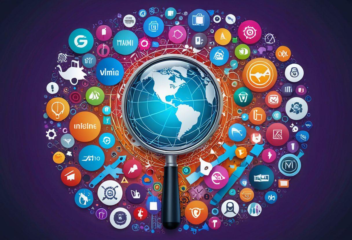 An intricate web composed of colorful trademark labels and links, with the labels visually representing various industries. In the center, a magnifying glass highlighting a unique trademark, surrounded by digital links and icons symbolizing connections in the online world. The background should be a subtle gradient, evoking a sense of exploration. Include abstract shapes symbolizing innovation and creativity. super-realistic. vibrant colors. digital art.