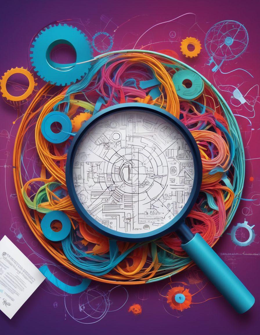 A vibrant and engaging illustration showcasing diverse trademark symbols tangled in colorful threads, representing the connections and associations between different brands. In the background, a magnifying glass highlights a label, signifying exploration and navigation through the complex world of trademarks. Incorporate business-related elements like graphs and charts subtly in the design. The overall tone should evoke a sense of empowerment and discovery. bright colors. vector art.